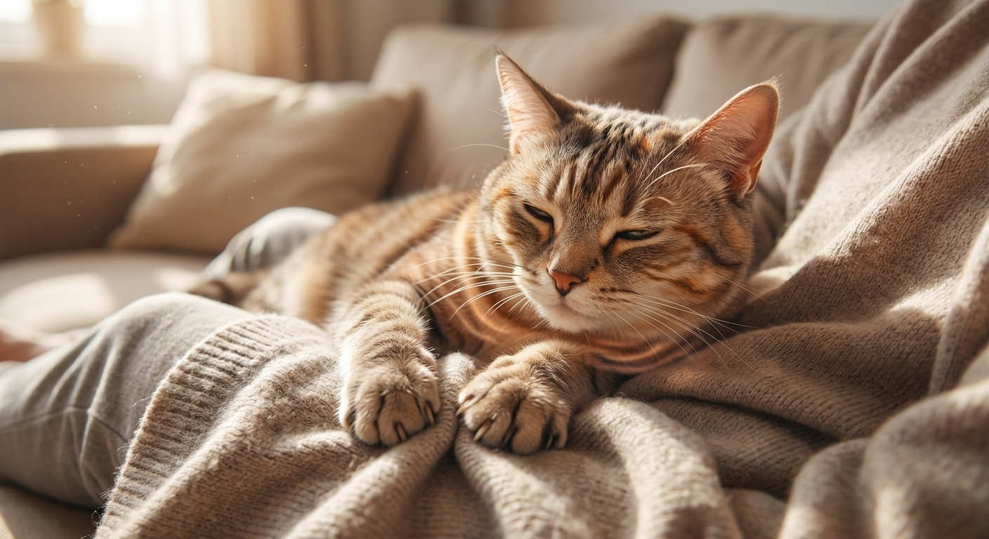 Relaxed tabby cat kneading on its owner's lap