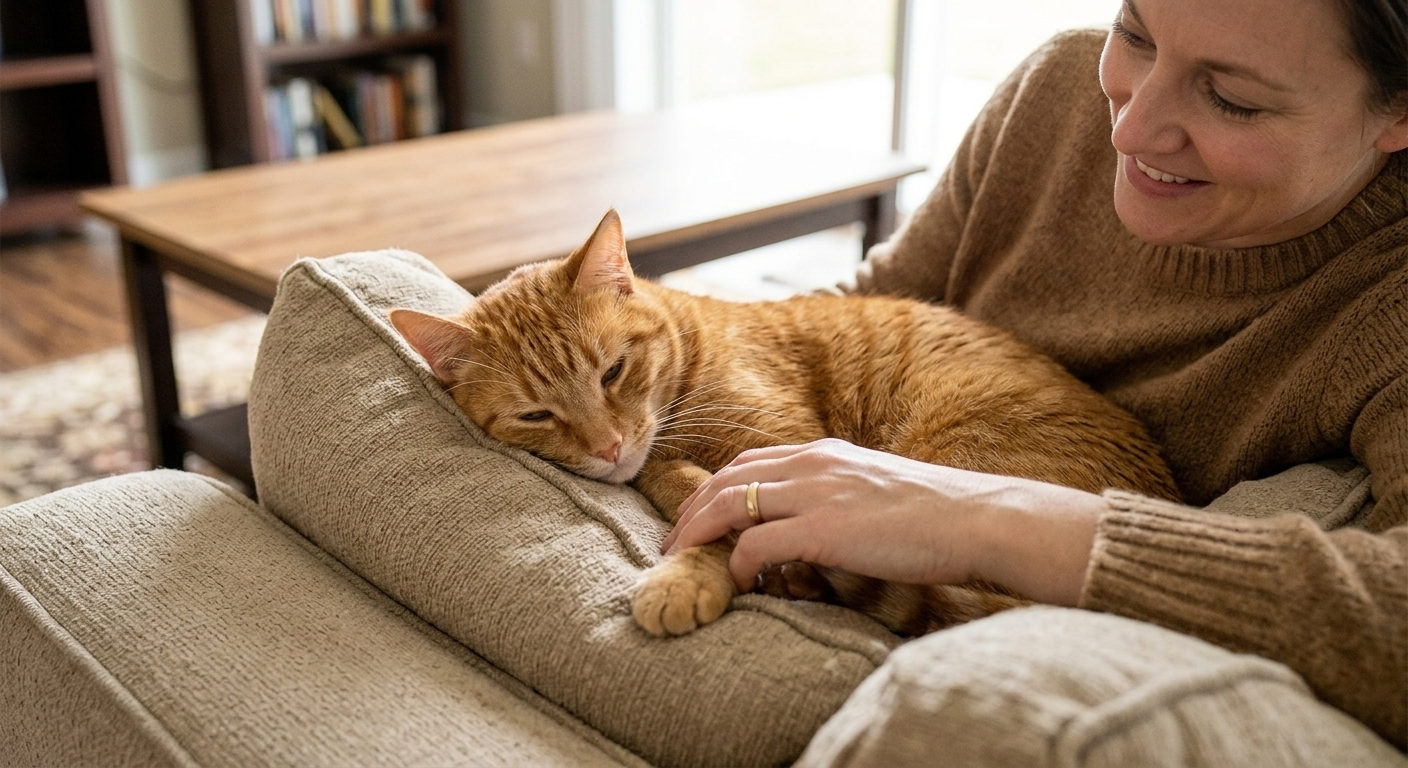 Relaxed cat resting calmly on a sofa before a nail trim