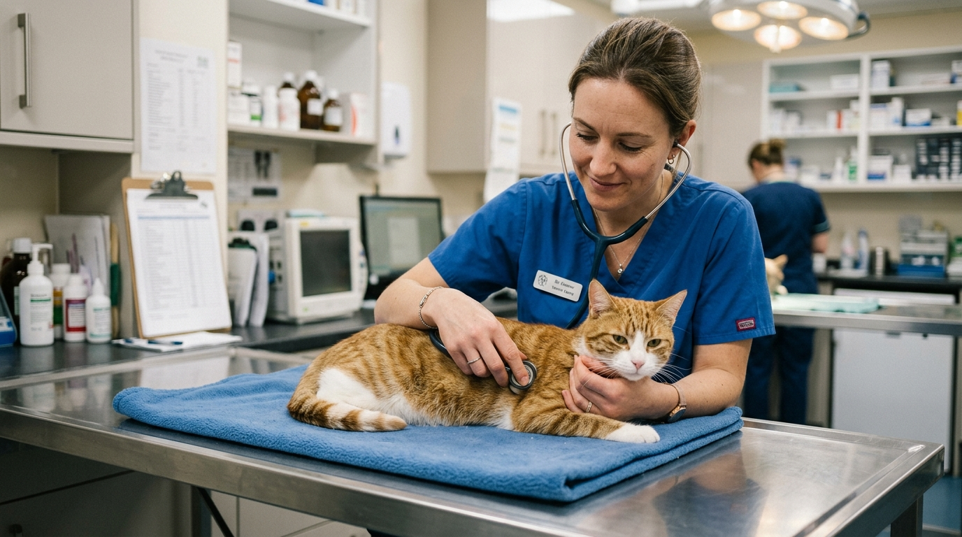Veterinarian using a stethoscope to listen to a calm cat's chest