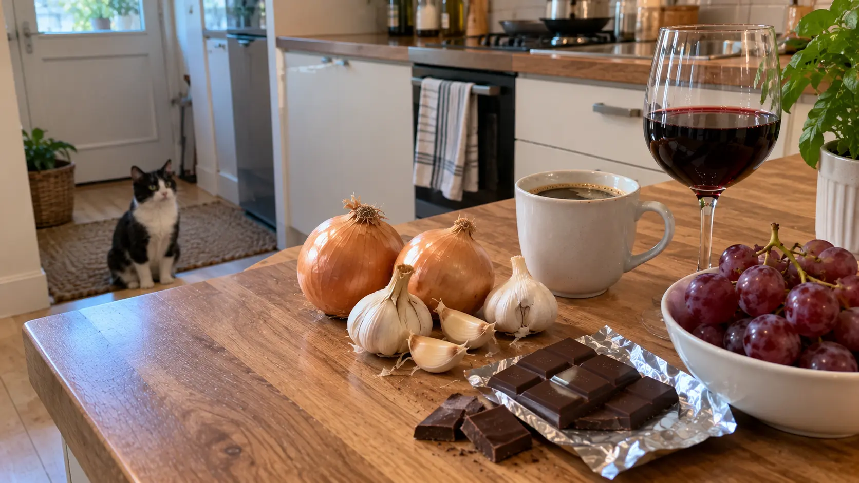 Cat watching from a distance as onions, chocolate, grapes and coffee sit on the kitchen counter