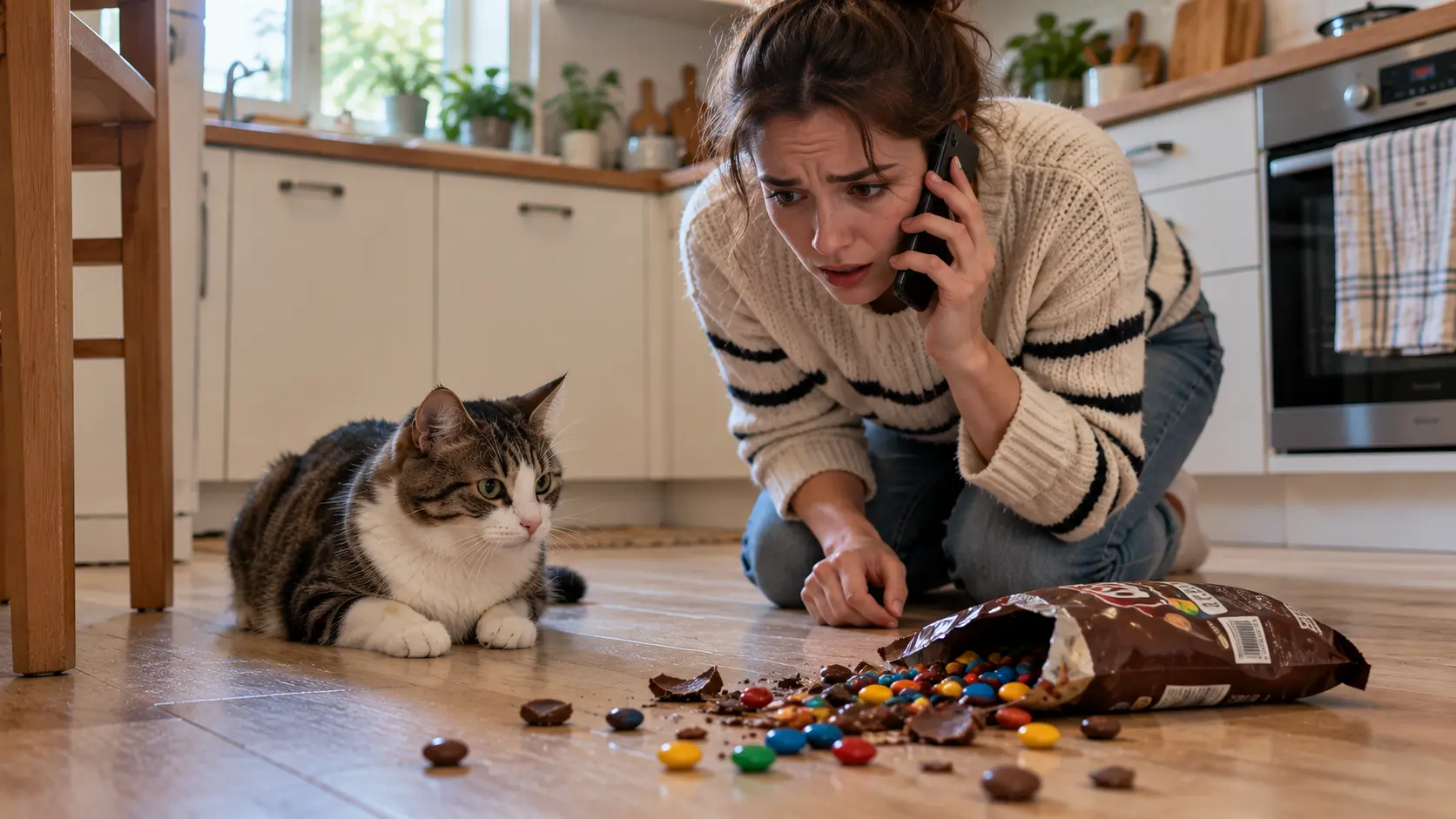 Worried owner calling the vet after the cat got into spilled chocolate candy