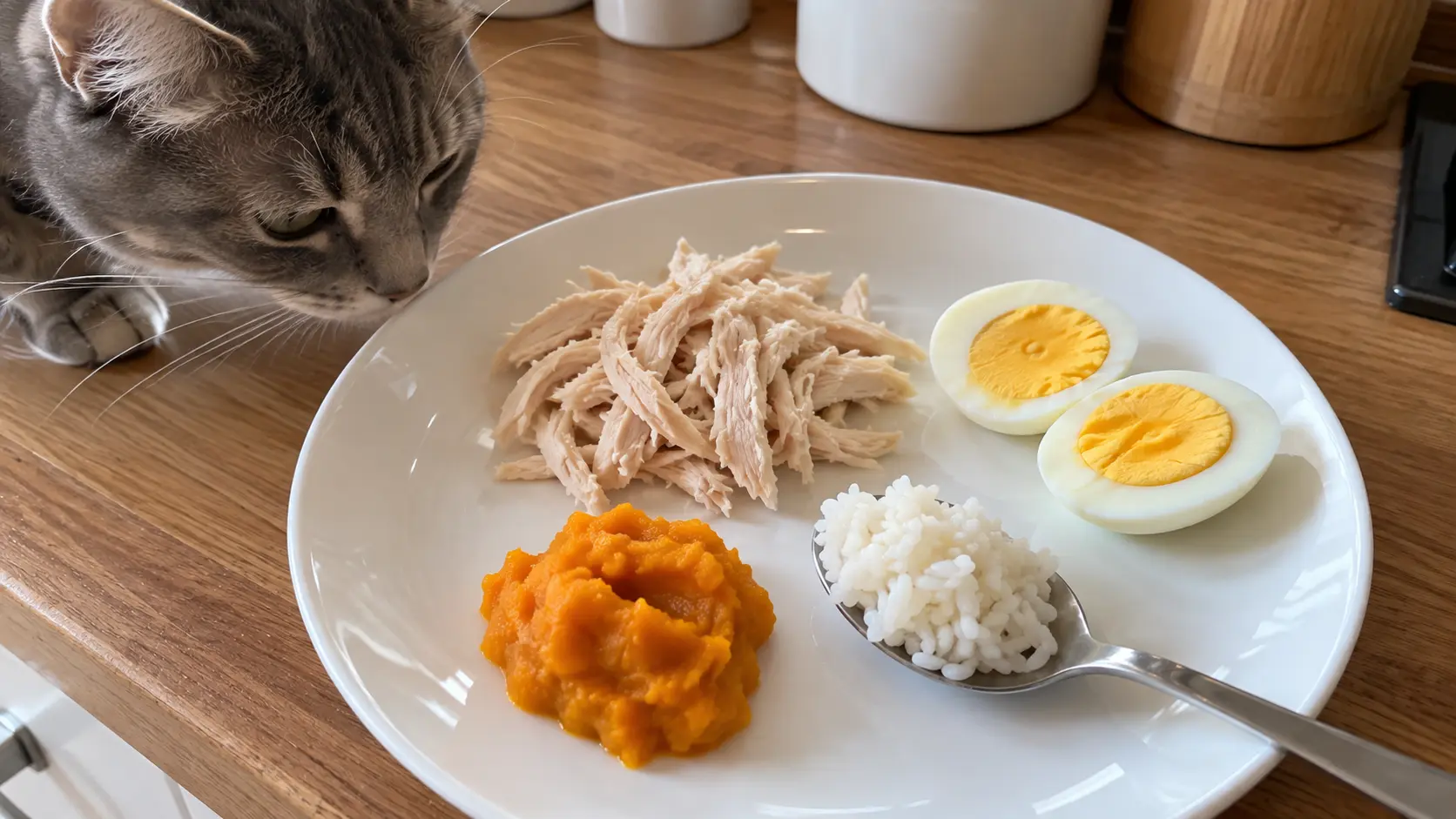 Curious cat sniffing a plate of plain cooked chicken, egg and rice