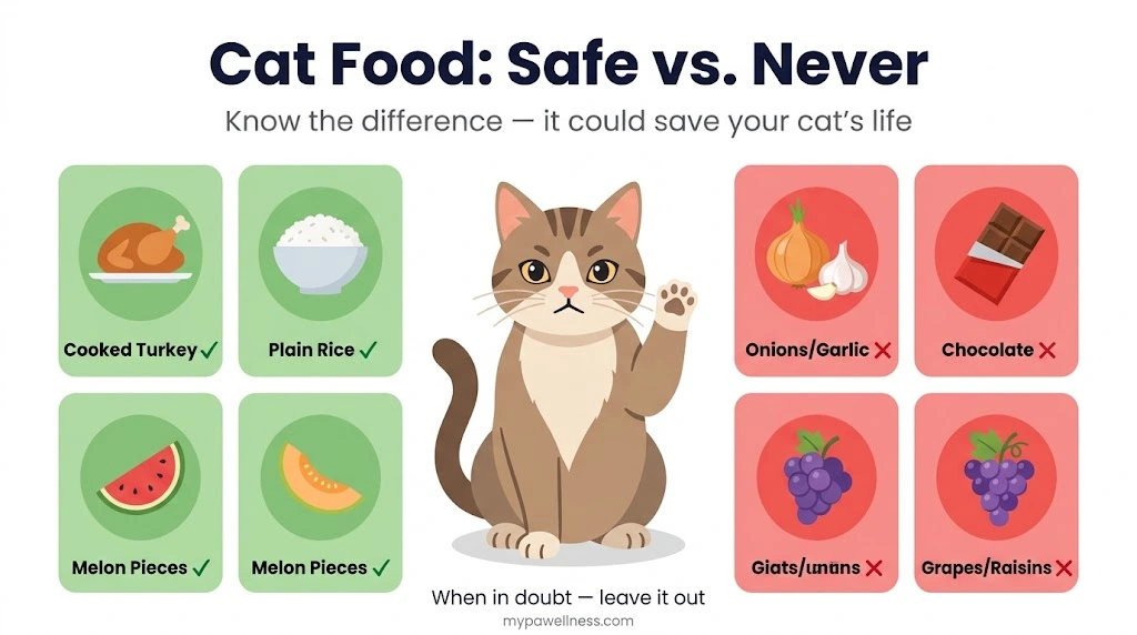 What your cat can and can't eat infographic: safe foods vs foods to never feed
